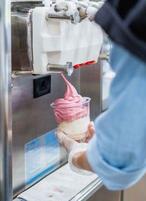 Raspberry sorbet on on top of a vanilla custard scoop!