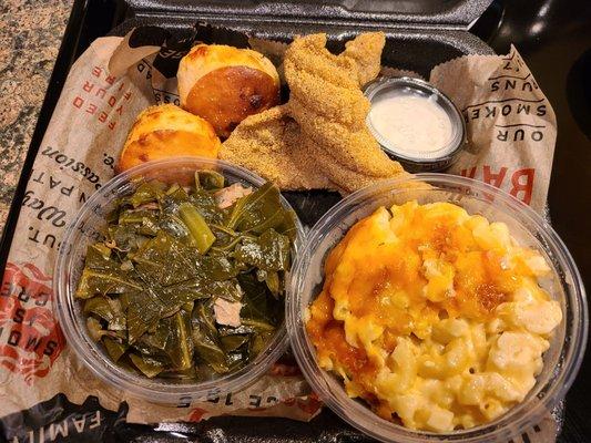 Karl's Catfish, Collard Greens, Macaroni & Cheese