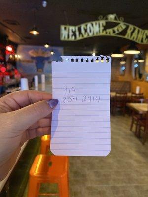 Phone Number for Takeout