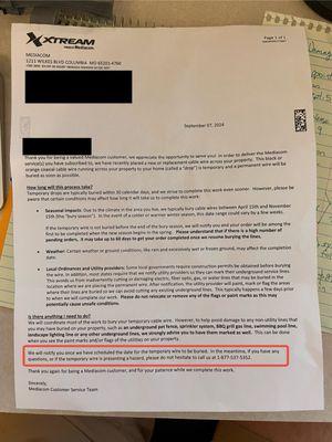 First and only letter received from Mediacom, received on the 12th. Digging occurred two business days later with no prior notice.