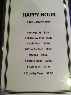 Happy hour menu. Happy hour is 7 days a week from 4 PM to 6 PM