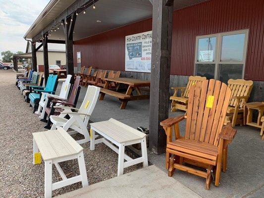 We have a large variety of outdoor lawn and patio furniture! We have poly, pine, and western red cedar.