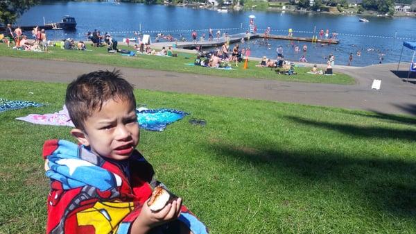 My son enjoying a Hawaii snack (spam musubi)