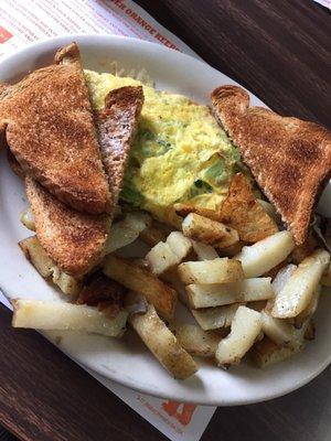 Omelet with home fries and whole wheat toast