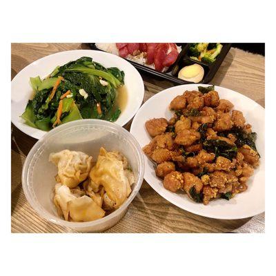 V6. Bok Choy with Garlic; Steam wonton w/spicy chili sauce; M4. Popcorn Chicken