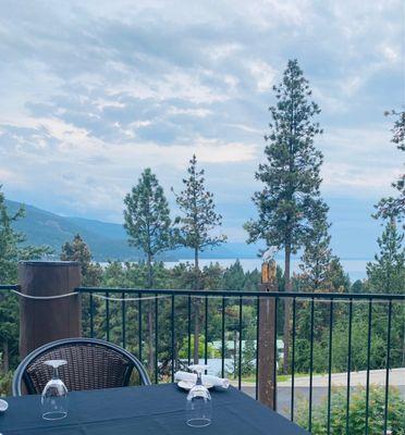 view of flathead lake from the outdoor patio seating