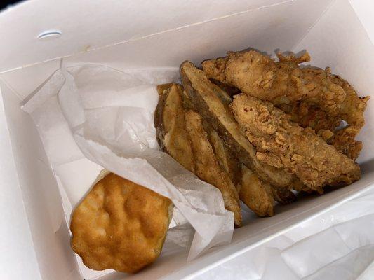 Chicken Strips, Potato Wedges, Biscuit