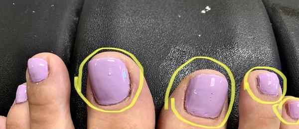 Bubbly nail polish, thick clumpy polish on 2nd toe and the 3rd toe has a crack in polish (didn't leave salon).