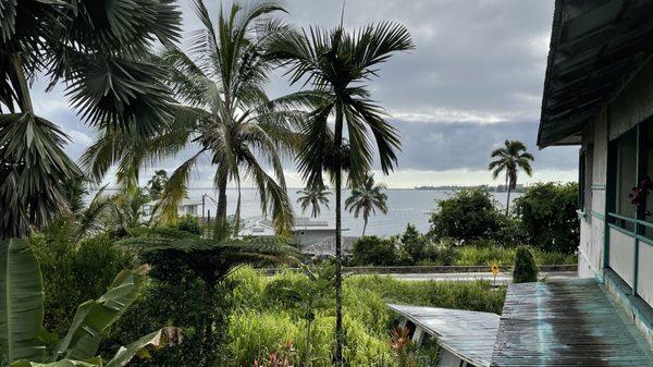 View of the grounds from the hotel hallway - Hilo Bay in the distance.