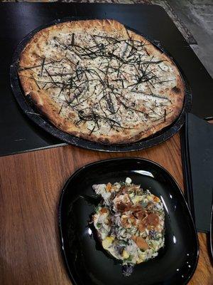 Furikake pizza, crab + polenta cake