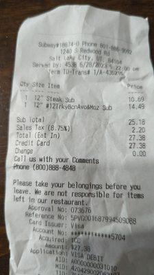 Receipt for two foot longs