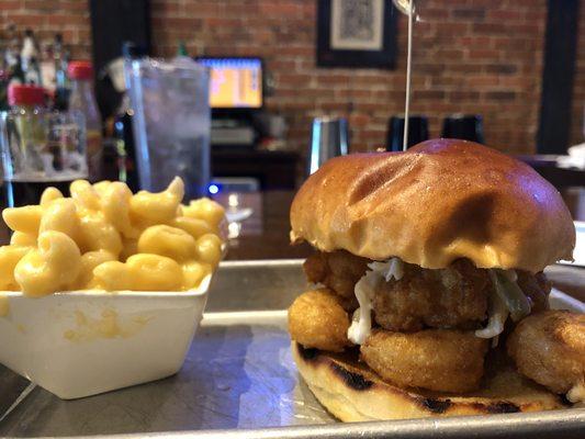 Shrimp Burger and Cheddar-gouda Mac & Cheese