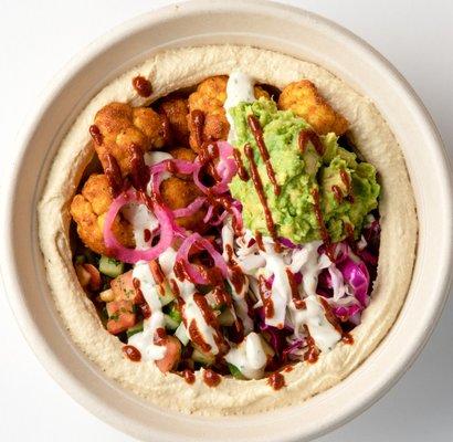 cauliflower shawarma hummus bowl