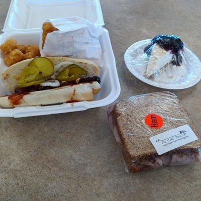 I got the special today. Barbecue rib sandwich with tater tots and blueberry cheesecake plus a ham sandwich to take home. $10 all.