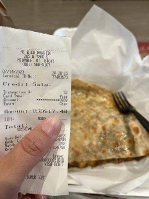 17.48 for an asada quesadilla & side of guacamole