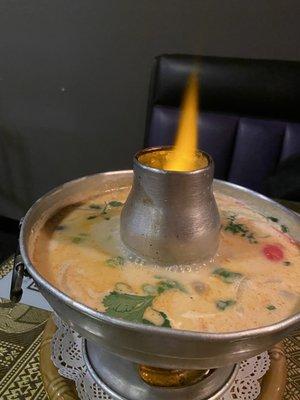 Beautiful hot pot of Tom Kha.