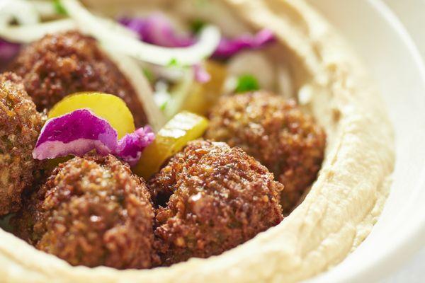 Scratch made falafel hummus bowl.