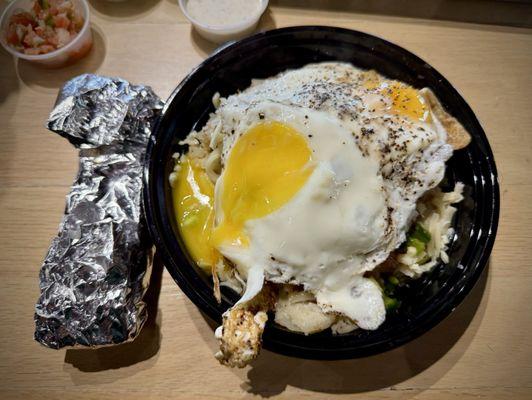 STACKED FRIED EGGS & BARBACOA BOWL