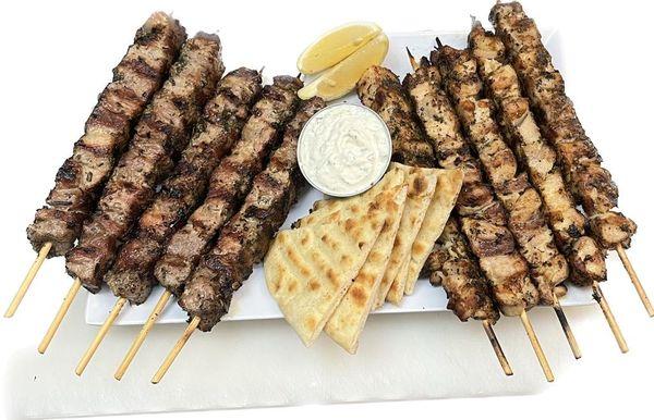 5 Chicken 5 Pork Skewers served with pita and tzatziki