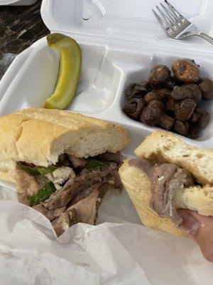 Beef poboy with side of mushrooms.