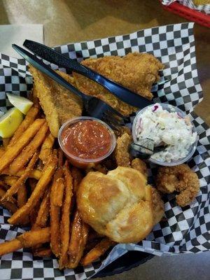 Fish and chips with sweet potato fries and coleslaw