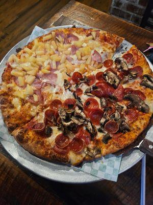 Half and half pizza ~ They certainly don't skimp on toppings ~ Delish!