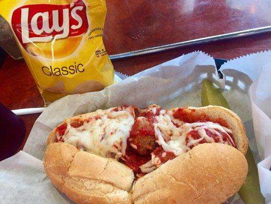 Meatball Sub w/chips + pickle (Taste & texture of a frozen meatball)