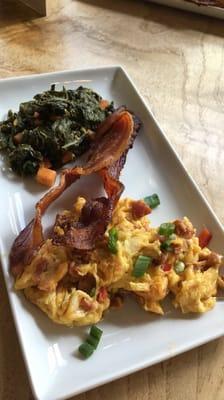 Cajun scramble, applewood bacon and kale with sweet potato hash