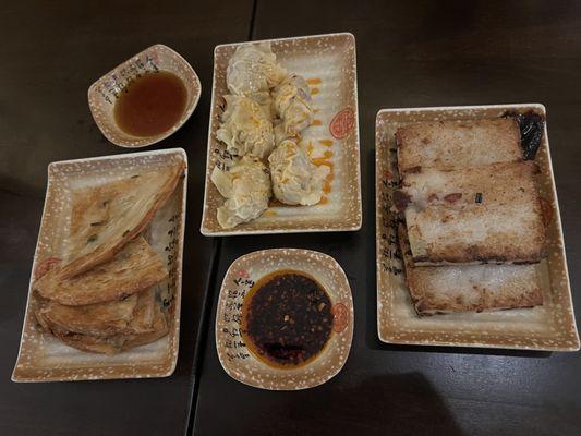 scallion pancakes, spicy wontons, turnip cake