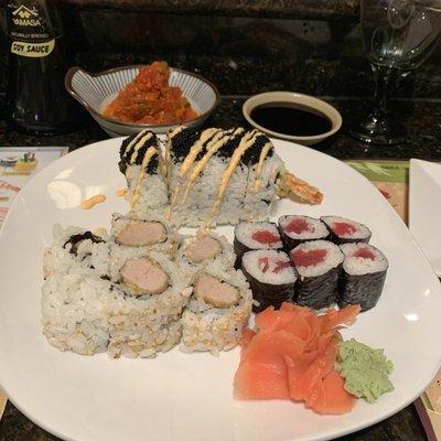 Spicy tuna mix, monster roll, toon roll, tuna roll