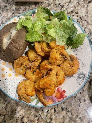 Fried shrimp, salad & baked potato