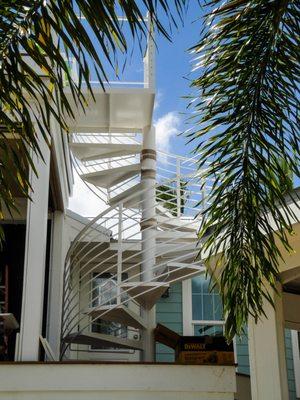 Aluminum Spiral Staircase fabricated and installed by Mullet's Aluminum Products Inc.