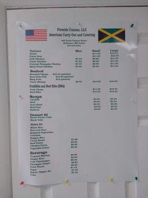 The menu posted on the wall inside. This is more complete than the takeout menu.