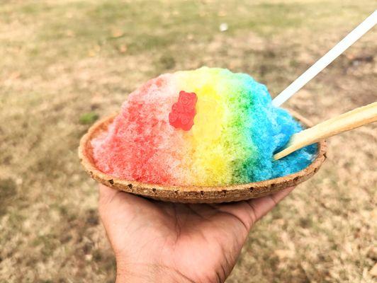 A Rainbow Shave Ice in our edible waffle bowl with a wafer spoon! (Bowl and spoons are a specialty item available upon request)