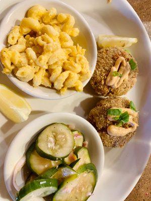 Crab Cakes, Mac& Cheese, cucumber salad