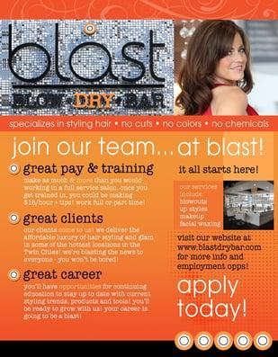 Flyer Design for Blast Blow Dry Bar in Minneapolis, Mall of America, Woodbury, Shops at the West End