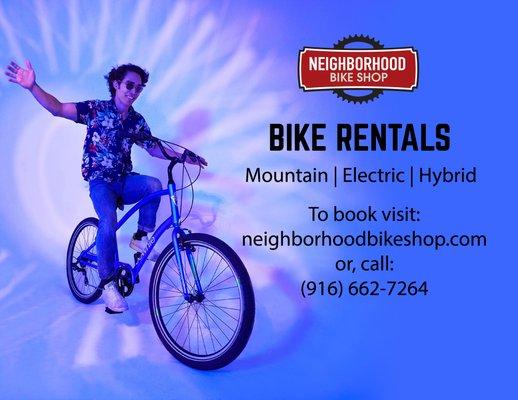 Electric, mountain and hybrid bike rentals in the Sacramento area.