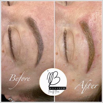 Color correction for brows by Monarch Beauty Bar. Micropigmentation technique.