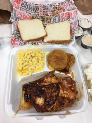 Chicken and rib combo with Mac& cheese and Fried green tomatoes on the side