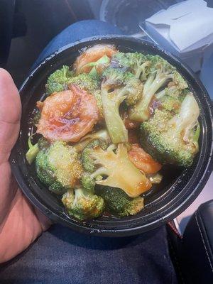 Shrimp and broccoli. Came with a side of white rice.