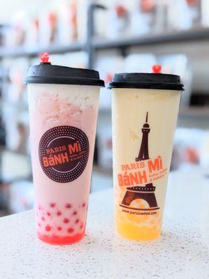 Strawberry Milk with Cheesefoam and Strawberry Popping boba, Peaches and Cream Slush with Passionfruit Popping