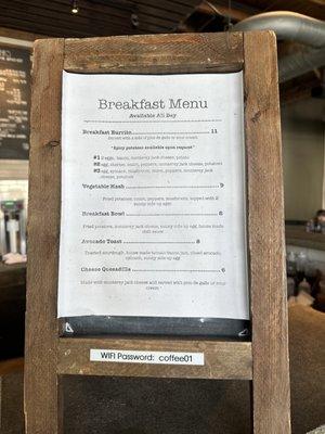 Breakfast menu