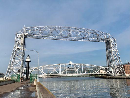 The Aerial Lift Bridge opens up and down like an elevator.