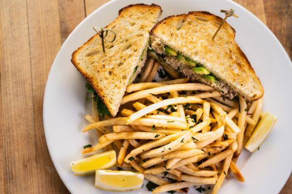 Crab Salad Sandwich with Avocado and Garlic Fries