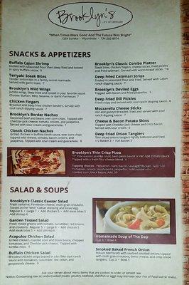 Menu, front side. Check the Facebook page for daily specials.