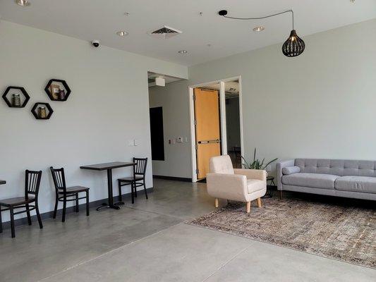 Lobby area photographed from front desk corner.