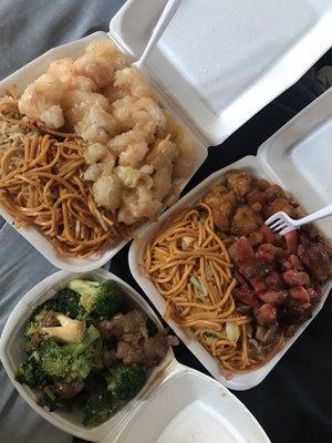 Left to right Shrimp, rice and chow mein Orange chicken, teriyaki chicken and chow mein Beef broccoli