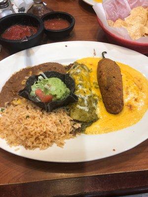 Chef's Combo. Crispy beef Chile Rellenos, beef enchiladas, guacamole salad, rice beans, verde sauce.