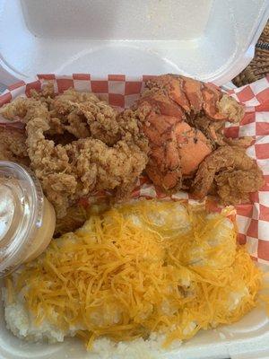 Fried lobster tail fried shrimp with cheese grits