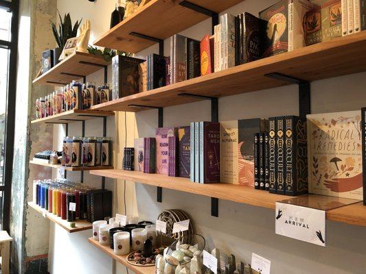 Books, crystals, stones and candles.